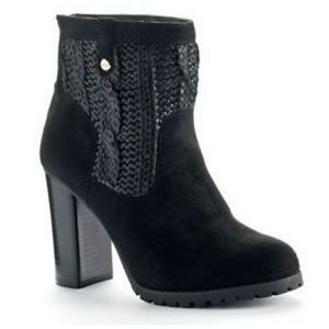 Juicy Couture Faux Suede & Cable Knit Block Heel Gold Zipper Black Booties